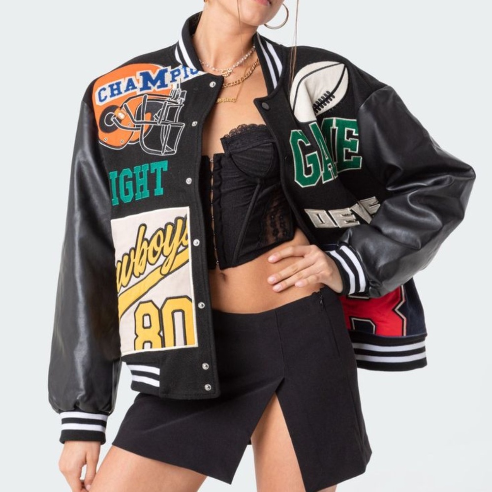 Edikted Sports Varsity Embroidered Patchwork Vegan Leather Jacket- size XS